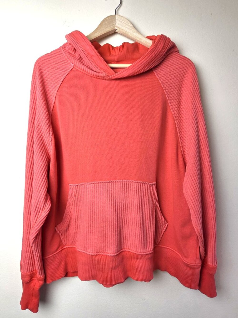 Aerie Cotton Hoodie with Ribbed Texture Accents Women's Size M Coral Cozy